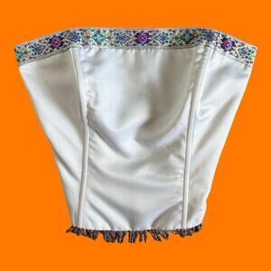 90's vintage white satin beaded fringe open back corset crop tube top Size 5/6